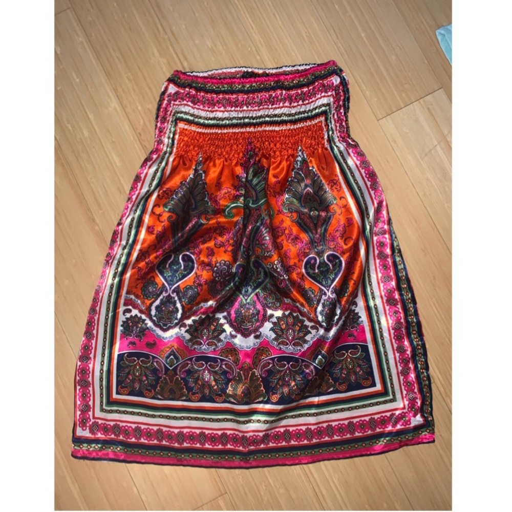 Strapless oriental print silk top